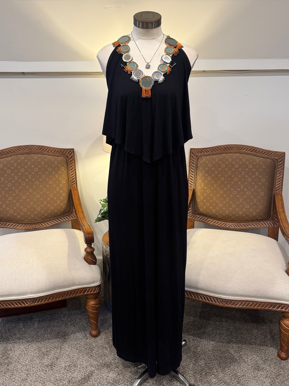 Vintage Boho Chic Black Maxi Dress Embellished Mirror Bead Halter Neck Flounce M